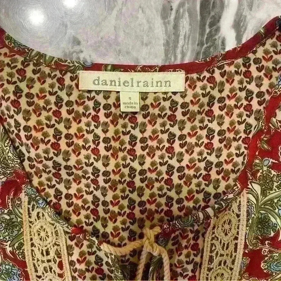 Daniel Rainn Womens S Red Brown Pattern Long Sleeve Boho Crochet Tassel Blouse - Picture 10 of 12